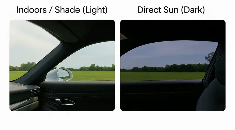 Photochromic tint comparison indoors in shade versus direct sunlight